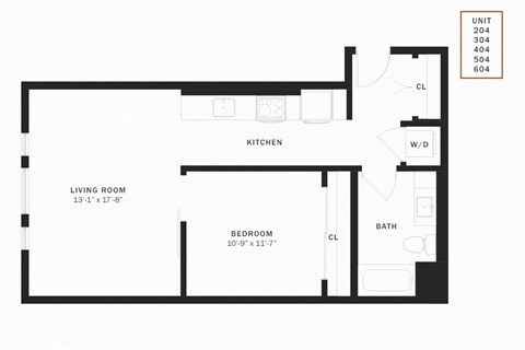 Floor plan for 1 bed, 1 bath, 691 sqft